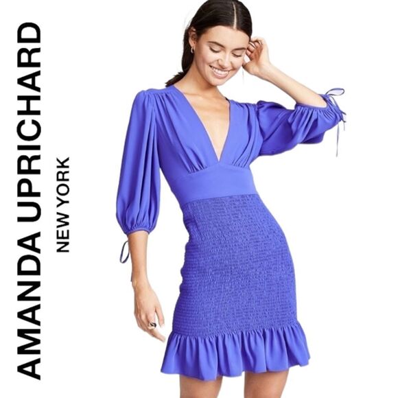 AMANDA UPRICHARD BLUE "GALA" MINI DRESS BALLON TIE STRING SLEEVES SMOCKED RUFFLE - Picture 3 of 16